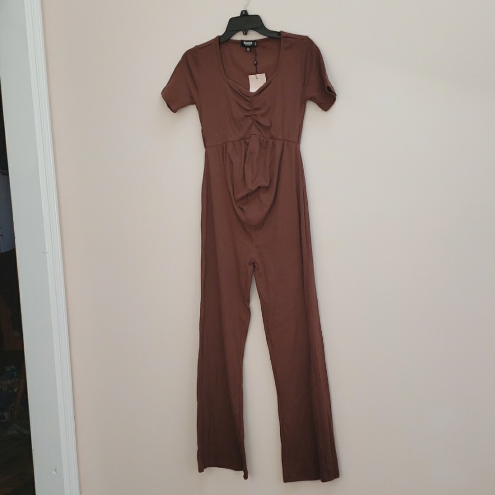 Missguided Chocolate Brown Ribbed Knit Gathered Front Maternity Jumpsuit, Size 2